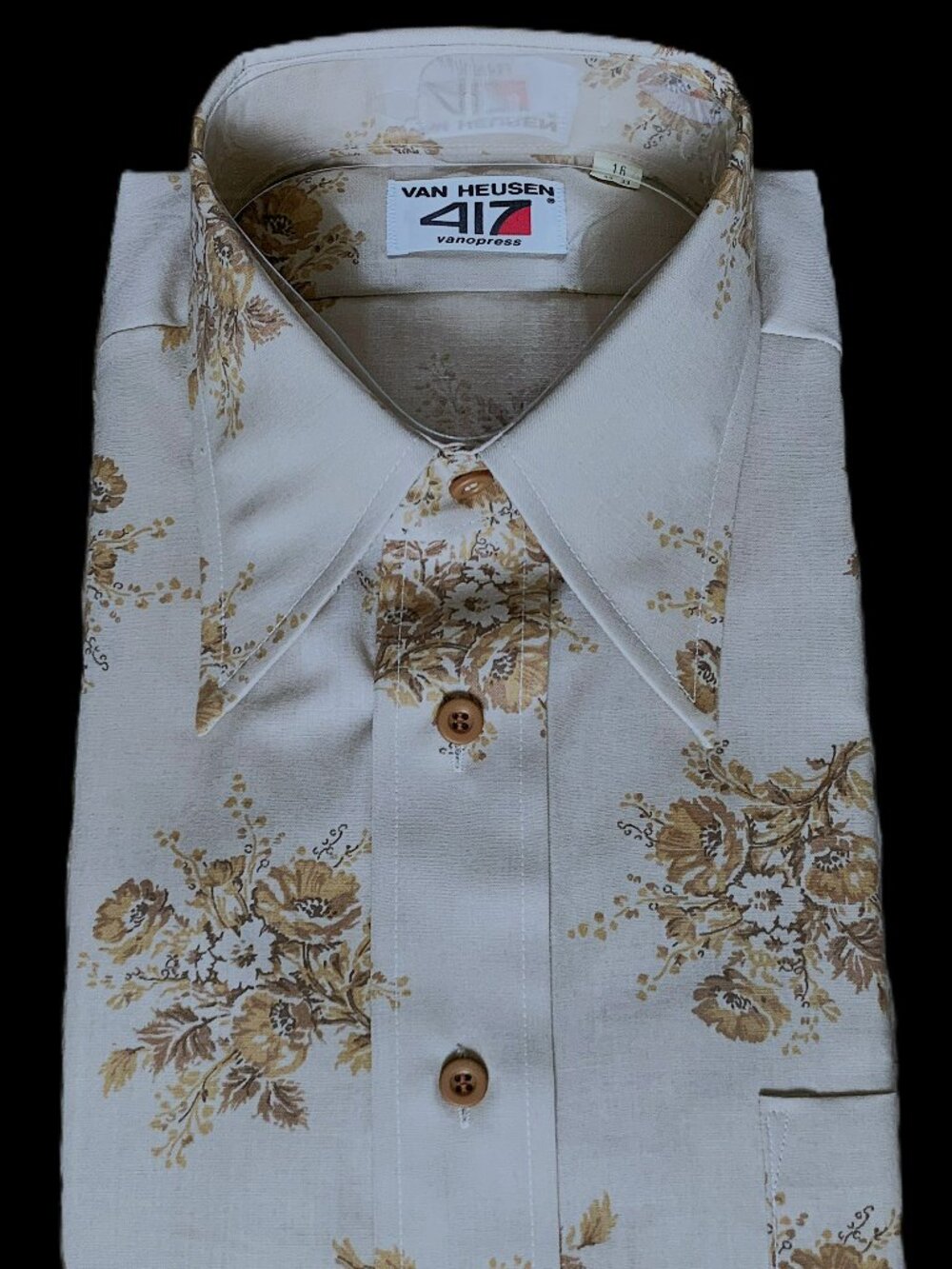 1970 Van Huesen Vanopress 417 Men's 16/33 Shirt Gold-Tan Floral Disco Cowboy NOS - Picture 5 of 11